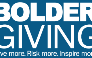 Bolder Giving Logo with white letters on a blue block background with tagline saying Give More, Risk More, Inspire More