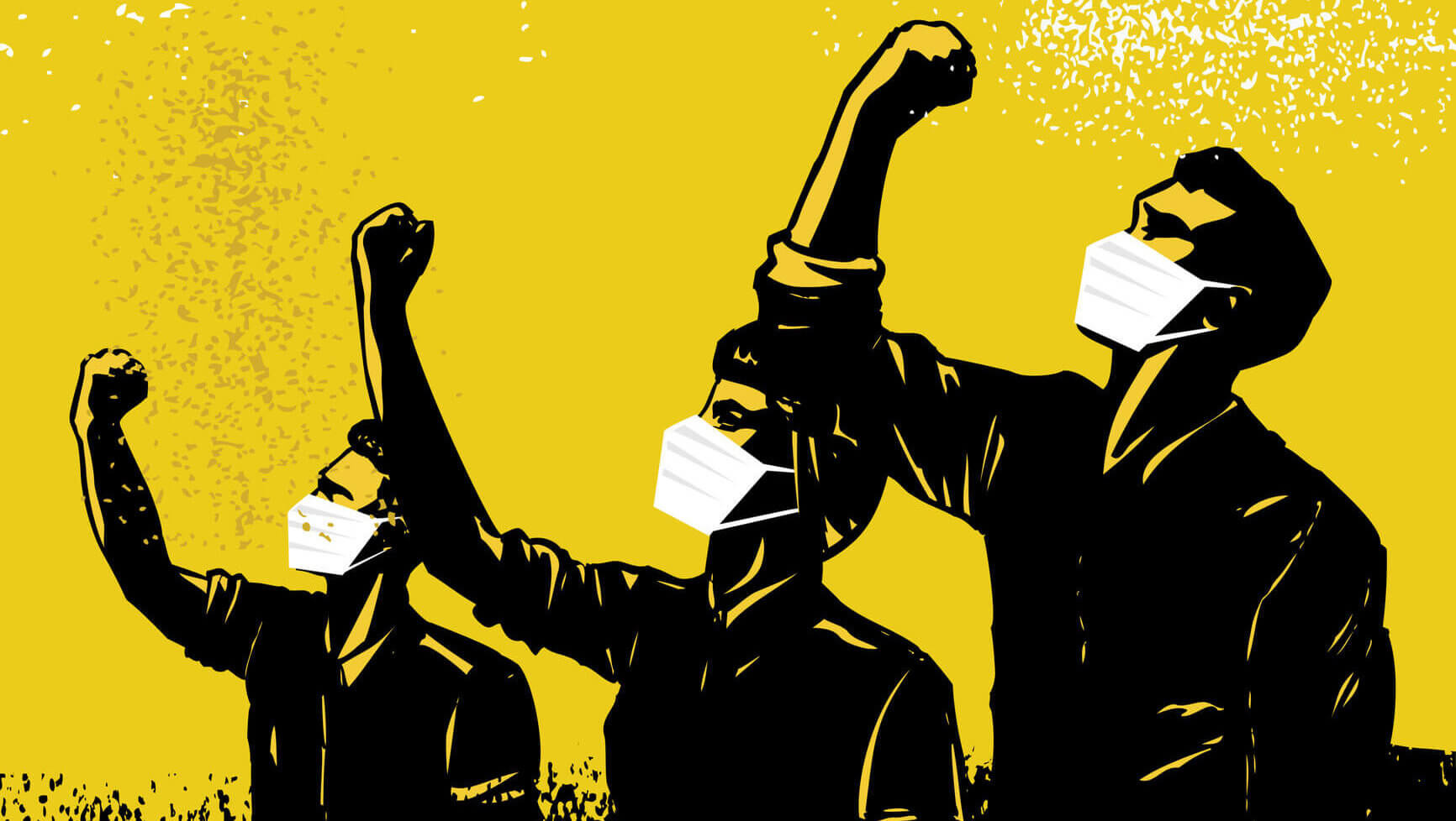 Illustration of three people with their fist raised up in the hair wearing masks with a slogan saying "Together We Will Win"