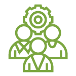 green outline icon of three people avatars with a machine cog in the background