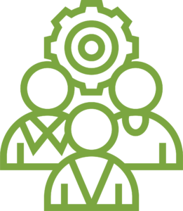 green outline of three people avatars with cog in background icon
