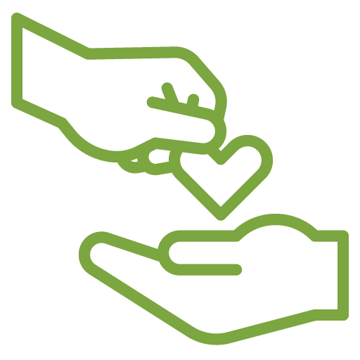 green outline of hand giving heart other hand icon