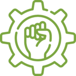 green outlined fist inside cog icon