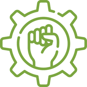 green outlined fist inside cog icon