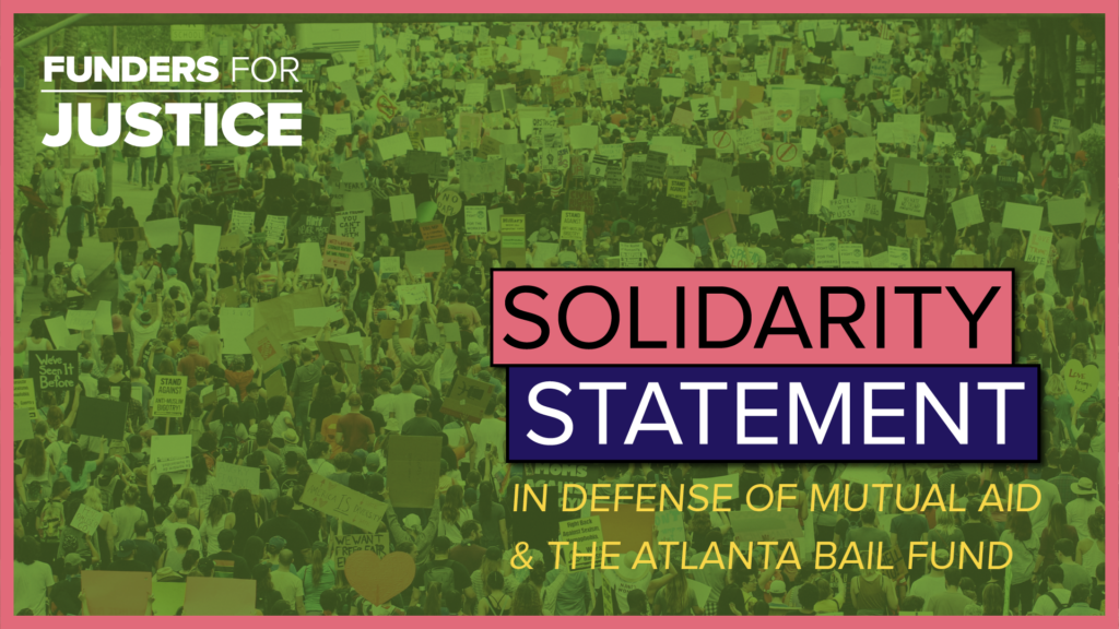 Graphic with text that reads solidarity statement in support of mutual aid and the Atlanta Bail Fund
